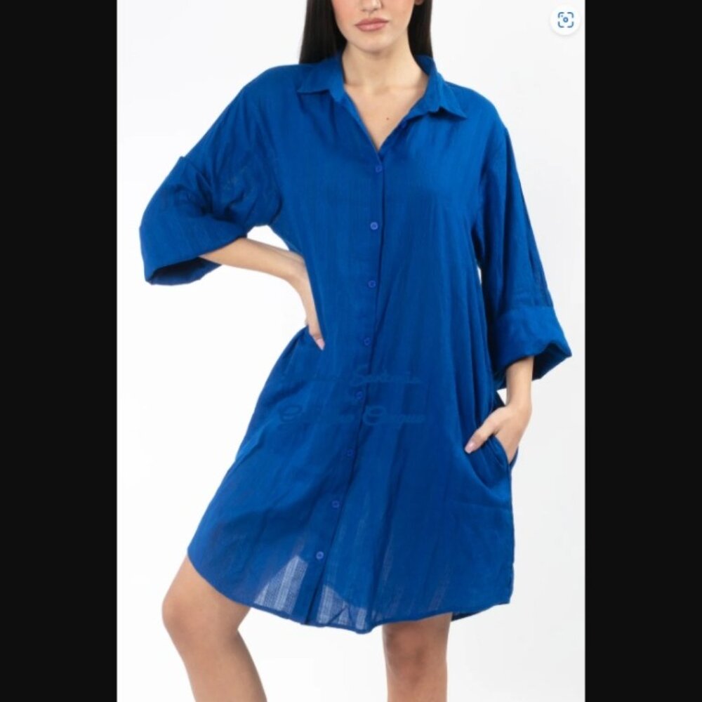Antica Sartoria Positano Italy Blue Cotton Shirt Dress Coverup Sz L  NWT